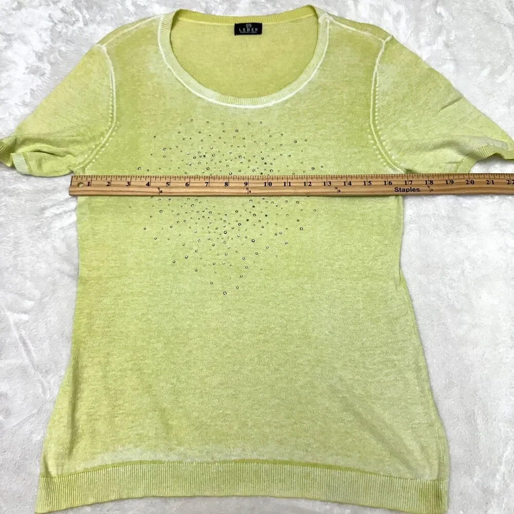 Barbara Leber Womens Lime Green Rhinestones Round Neck Cotton Sweater Sz 12
